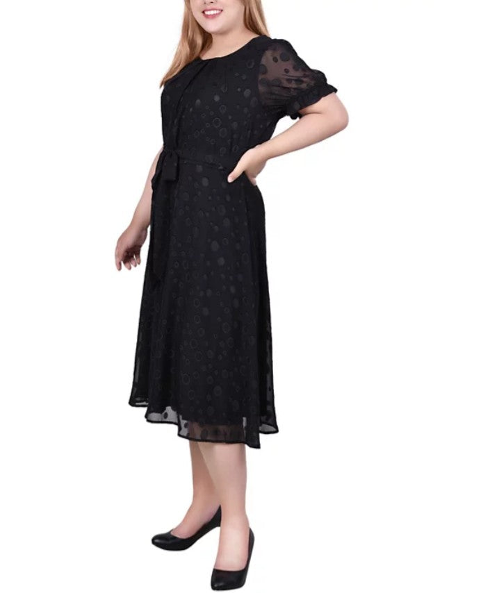 NY Collection Women's Short Sleeve Belted Swiss Dot Dress Black Plus Size 2X