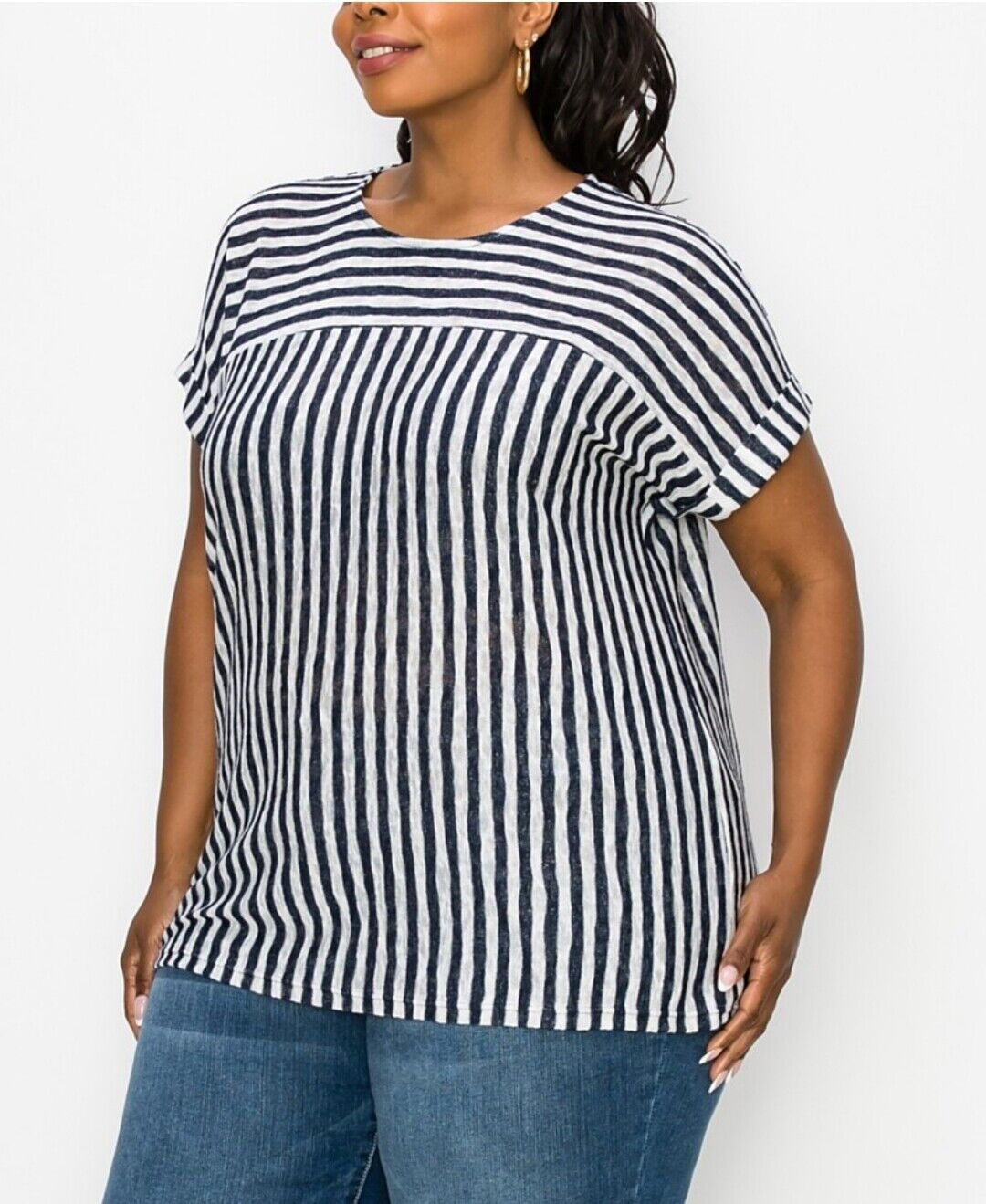 COIN 1804 Women's Stripe Yoke Dolman Top White-Navy Short Sleeve Plus Size 3X