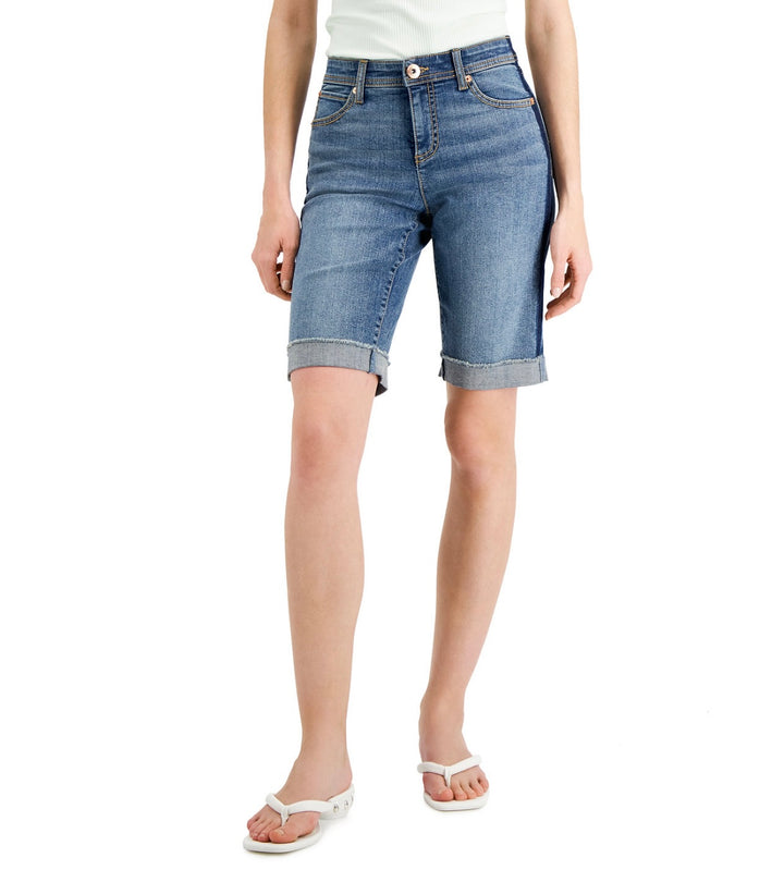 INC International Concepts Women's Mid Rise Contrast-Trim Shorts Medium Indigo