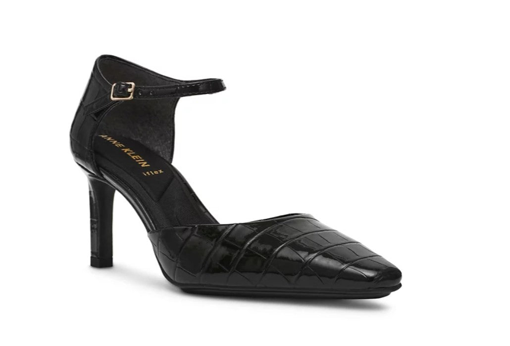 Anne Klein Women's Rosalind Ankle Strap Dress Pumps Shoes Black Croc Size 7