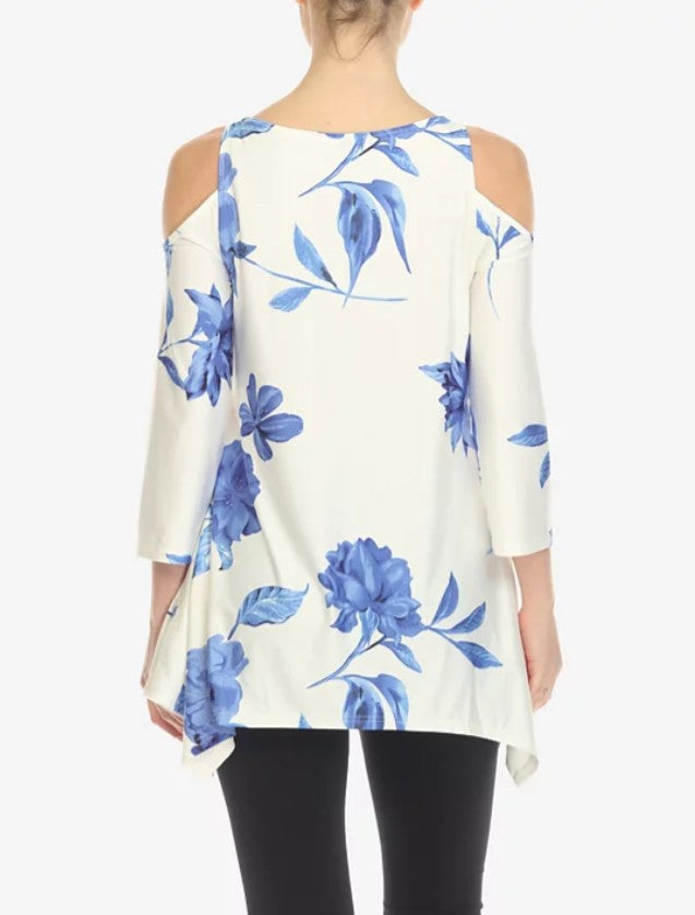 White Mark Women's Floral Printed Cold Shoulder Tunic Top White Blue Size L