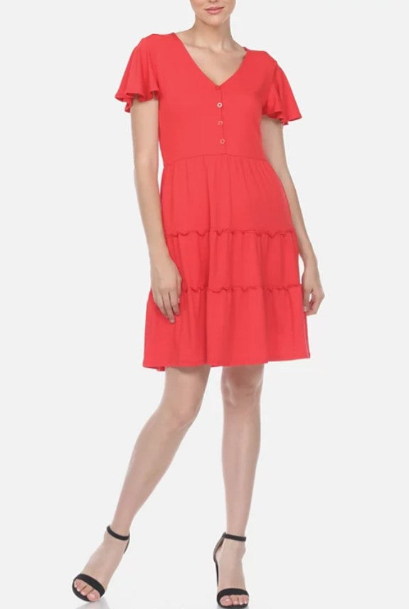 White Mark Women's Short Sleeve V-Neck Tiered Dress Red Size M