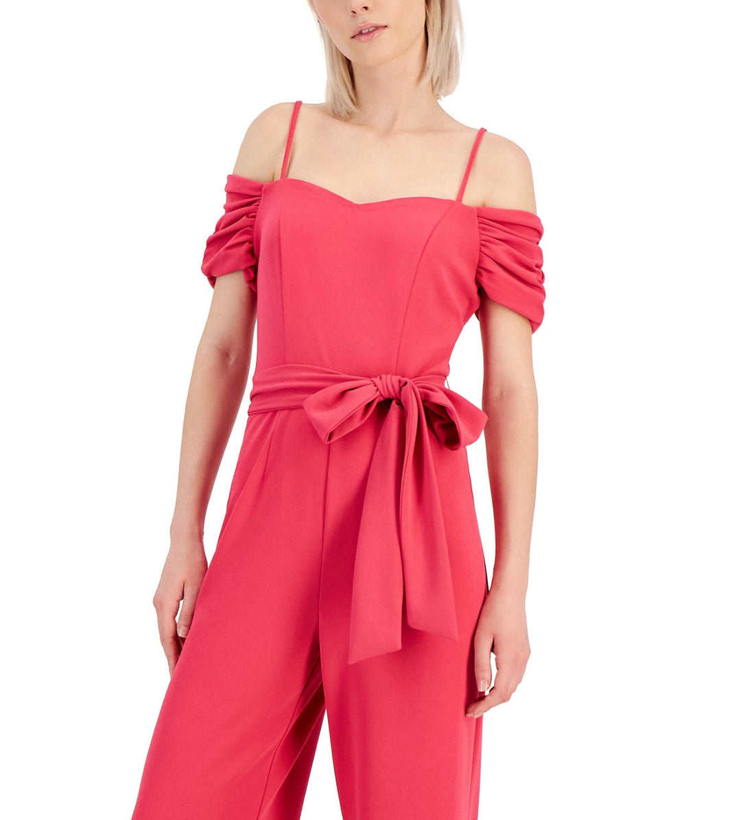Tahari ASL Women's Off-The-Shoulder Crepe Jumpsuit Hot Pink Size 10