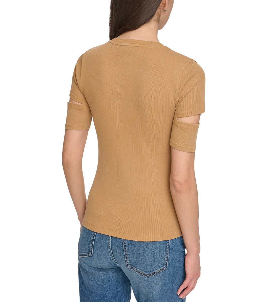 DKNY Women's Cutout Short-Sleeve Rib-Knit Top Pecan Size L