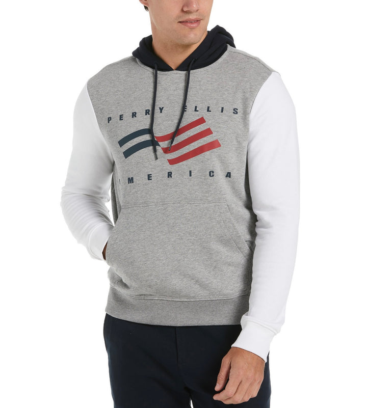Perry Ellis America Men's Colour Block Pullover Hoodie Steel Heather Size L