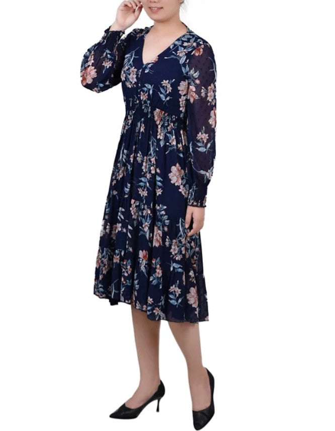 NY Collection Women's Long Sleeve Clip Dot Chiffon Dress Navy Hydrolily Size S