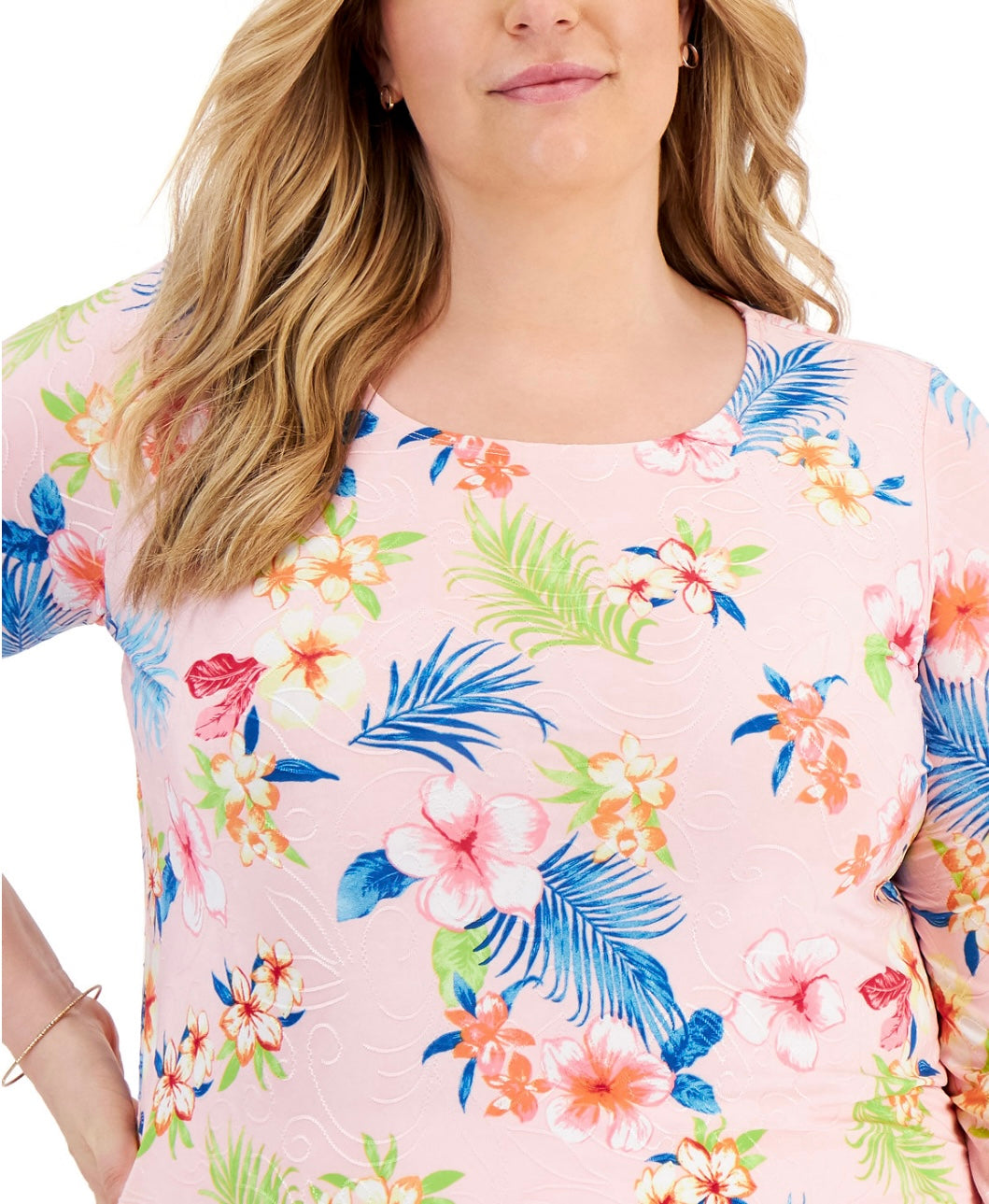 JM Collection Women's Scoop Neckline 3/4 Sleeve Floral Jacquard Top Plus Size 0X