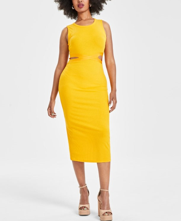 Bar III Women's Side-Cutout Sleeveless Knit Midi Dress Sunny Papaya Size XS