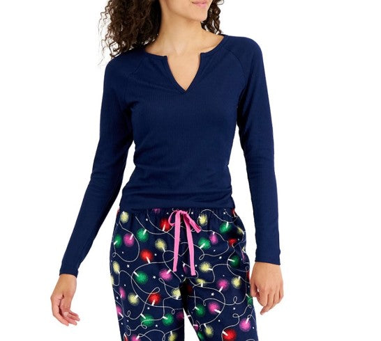 Jenni Women's Split-Neck Long Sleeve Pajama Top Navy Sail Size M