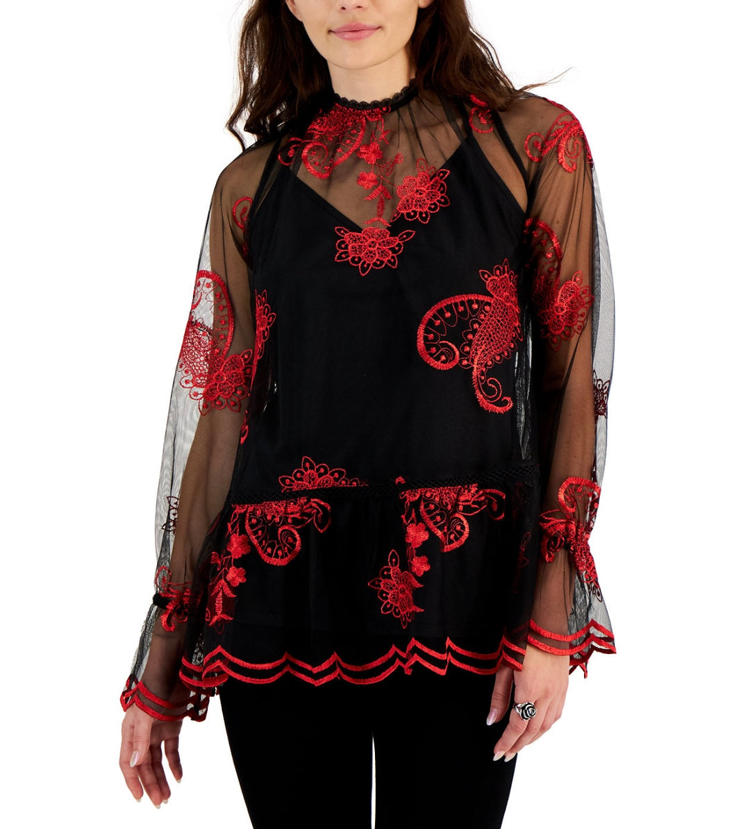Fever Women's Printed-Embroidered-Mesh Long-Sleeve Top Black Size S