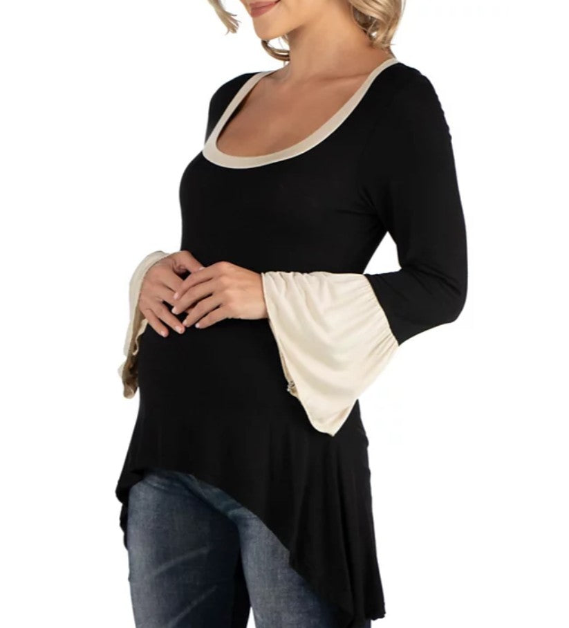 24Seven Comfort Apparel Women's Swing High Low Bell Sleeve Maternity Tunic Top