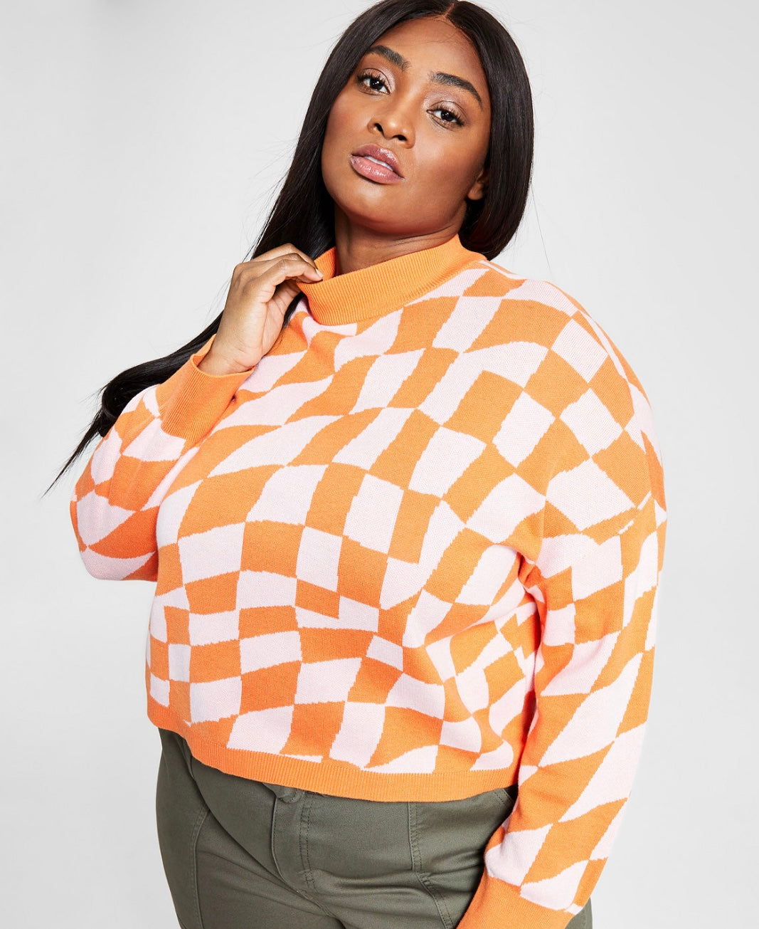 Bar III Women's Long Sleeve Cropped Sweater Max Check Plus Size 3X