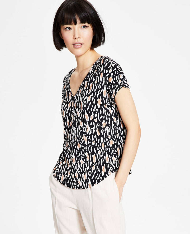 Bar III Women's Sleeveless Animal-Print V-Neck Top Black Combo Size L