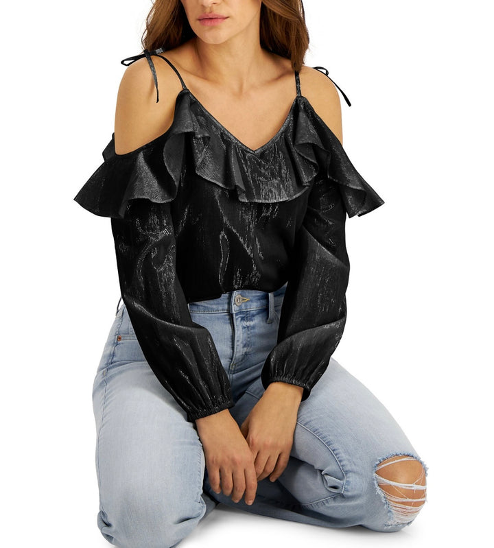 INC International Concepts Women's Cold-Shoulder Blouse Deep Black Size XS