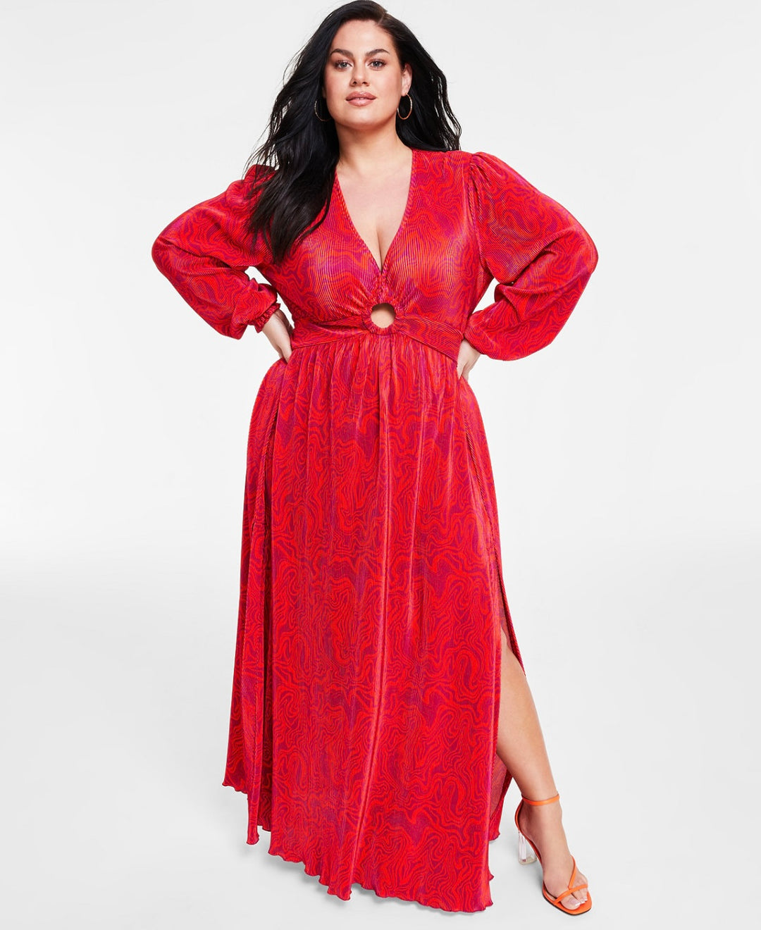 Nina Parker Women's Trendy Keyhole Printed Pleated Jersey Maxi Dress
