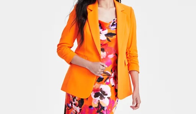 Bar III Women's Ruched 3/4-Sleeve One-Button Blazer Tangerine Size XXL