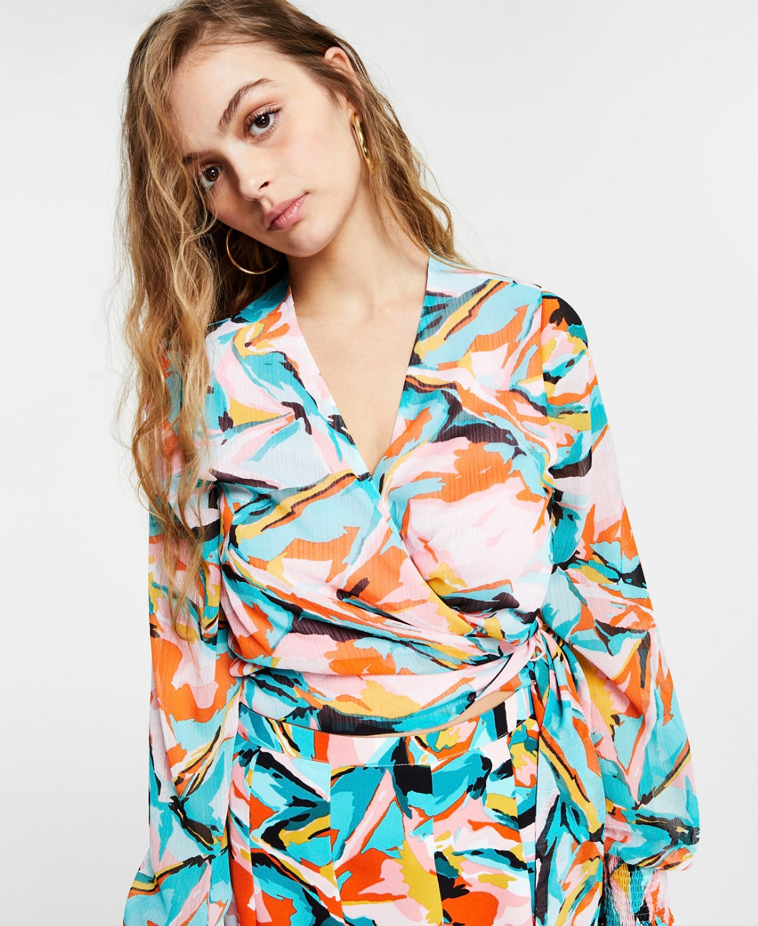 Bar III Women's V-Neck Printed Tie-Waist Wrap Blouse Bright Burst Size XL