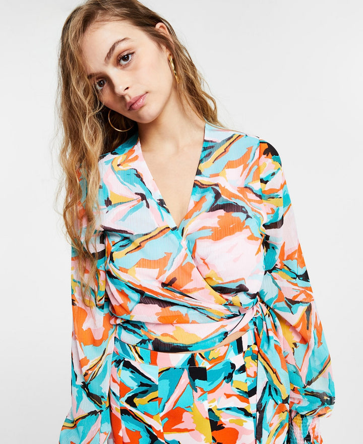 Bar III Women's V-Neck Printed Tie-Waist Wrap Blouse Bright Burst Size XL