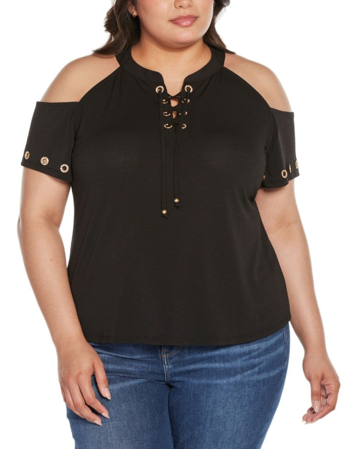 Belldini Women's Black Label Cold-Shoulder Grommet Trim Knit Top Plus Size 2X