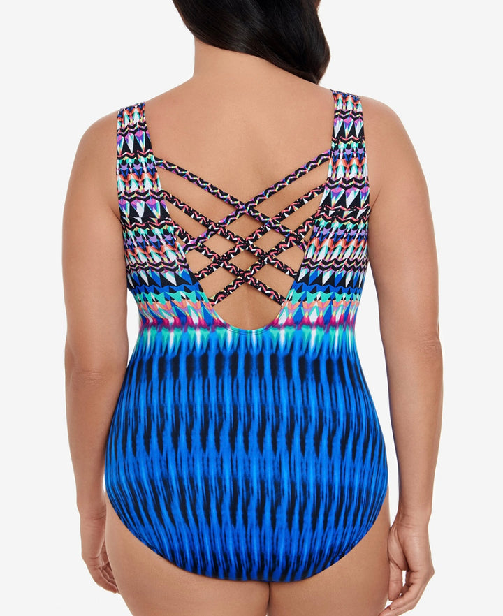 Swim Solutions Women's Printed One-Piece Swimsuit Sparkle Park Size 8