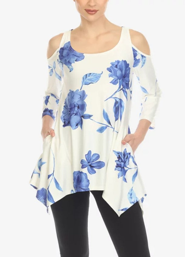 White Mark Women's Floral Printed Cold Shoulder Tunic Top White Blue Size L