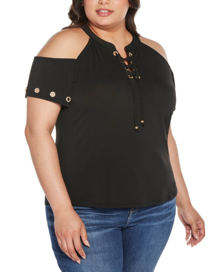 Belldini Women's Black Label Cold-Shoulder Grommet Trim Knit Top Plus Size 2X