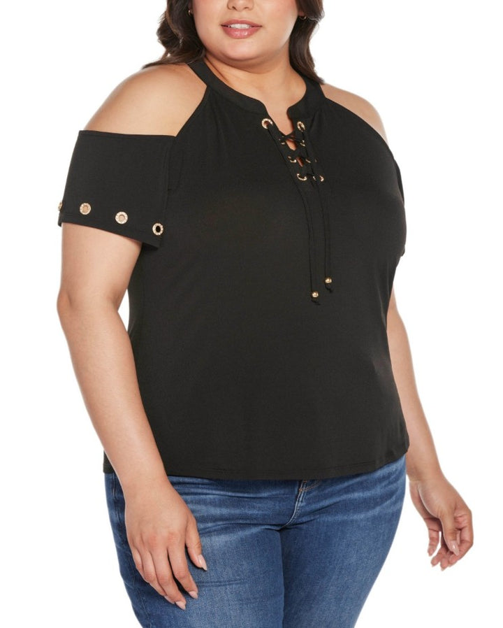 Belldini Women's Black Label Cold-Shoulder Grommet Trim Knit Top Plus Size 2X