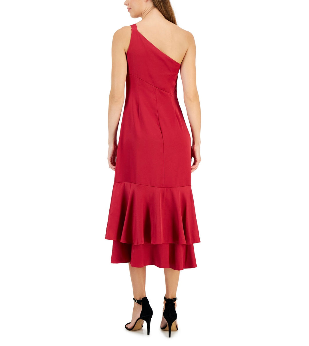 Taylor Women's Ruffled One-Shoulder Midi Dress Vivid Burgundy Size 8