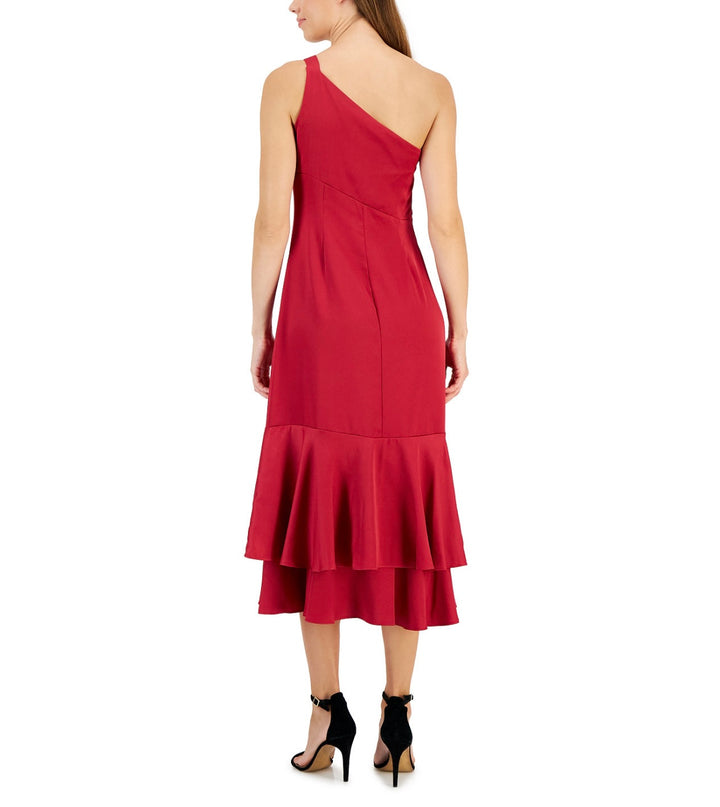Taylor Women's Ruffled One-Shoulder Midi Dress Vivid Burgundy Size 8