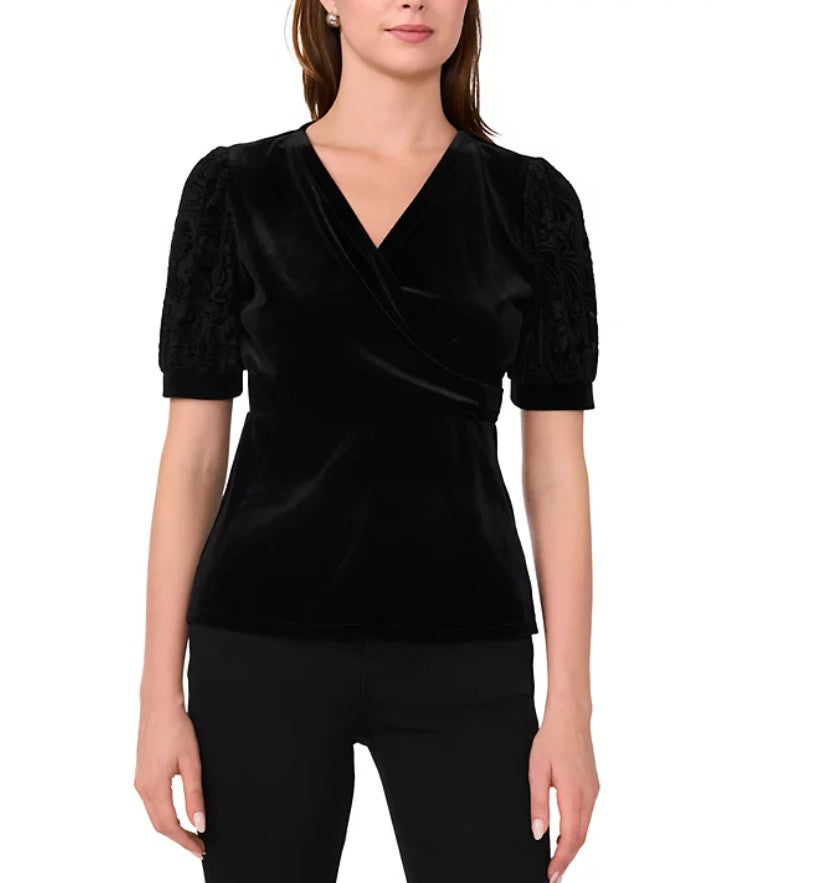 Sam & Jess Women's Velvet Faux-Wrap Flocked-Sleeve Top Black Size L