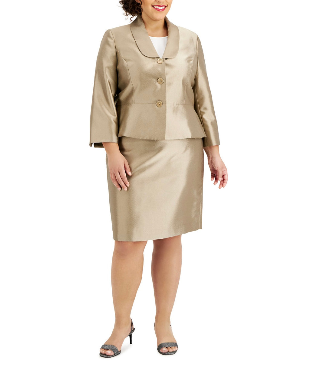 Le Suit Women's Plus Three Button Business Skirt Suit Soft Gold