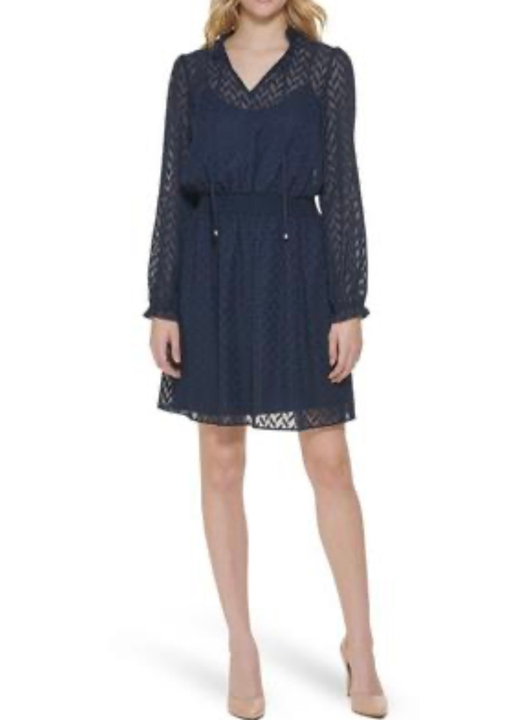 Tommy Hilfiger Women's Long Sleeve Split Neck Blouson Dress Navy Size 10