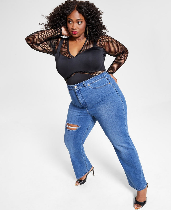 Nina Parker Women's Trendy High-Waist Wide-Leg Jeans Med Dark Wash Plus Size 24W