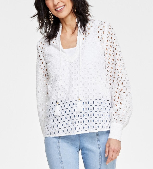 INC International Concepts Women's Cotton Tie-Neck Eyelet Blouse Bright White