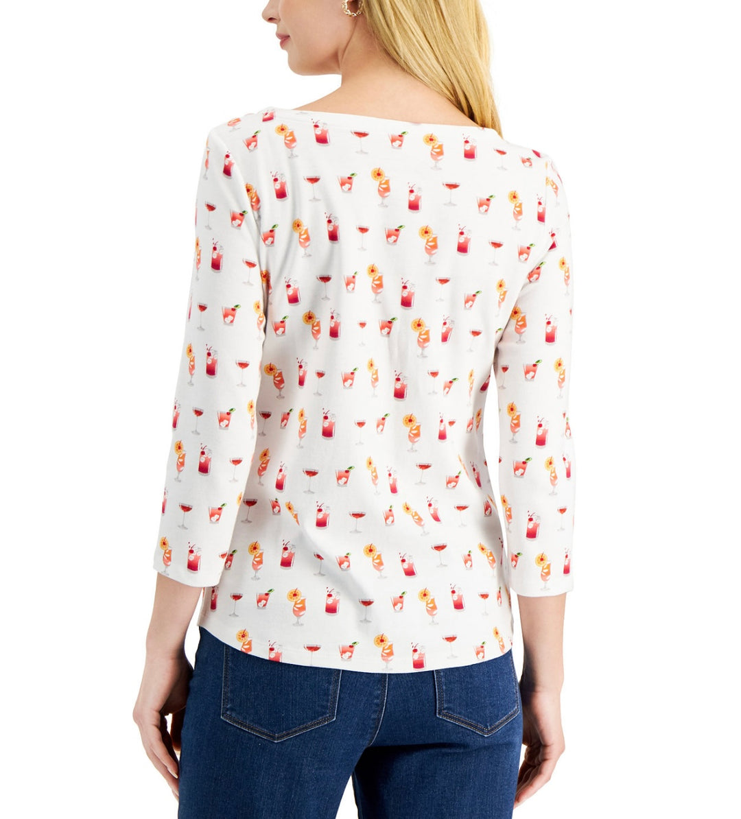 Charter Club Women's 3/4-Sleeves Cotton Printed Top Bright White Combo