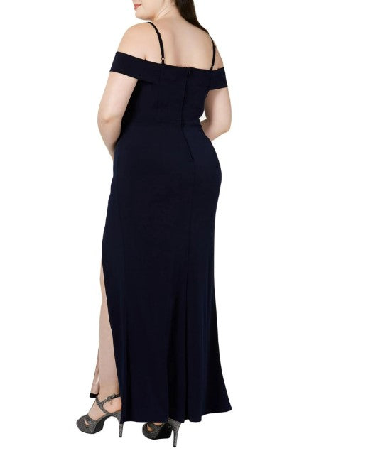City Studio Women's Off-The-Shoulder V-Neck Evening Dress Plus Size Navy/Rose