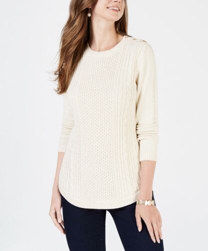 Charter Club Women's Metallic Ivory Cable Knit Pullover Sweater Top Size PL