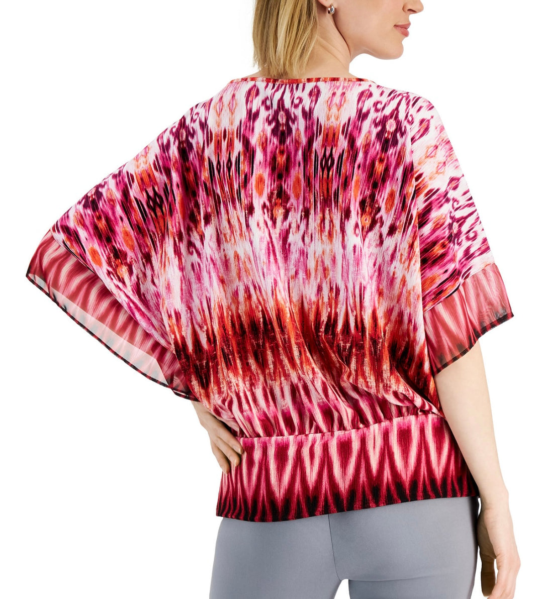 JM Collection Women's Scoop Neckline Ikat-Print Fitted-Waist Top Size M