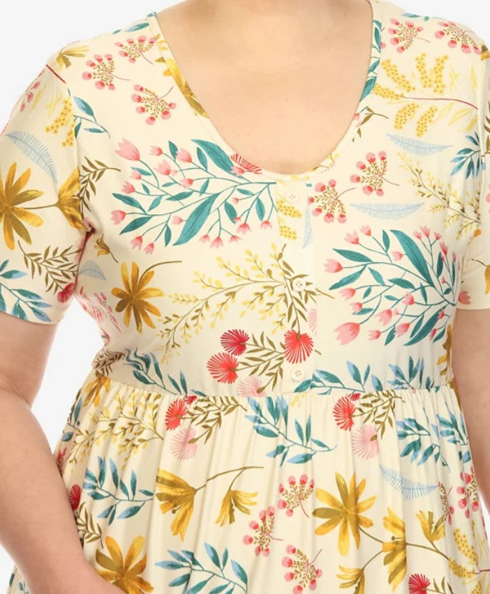 White Mark Women's Floral Short Sleeve Knee Length Dress Beige Plus Size 3XL