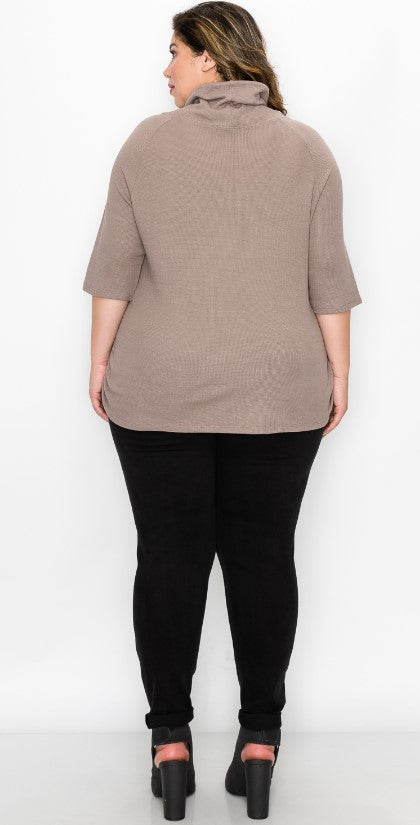 COIN 1804 Women's Baby Thermal Cowl Neck Side Ruched Top Stone Dark Plus Size 3X