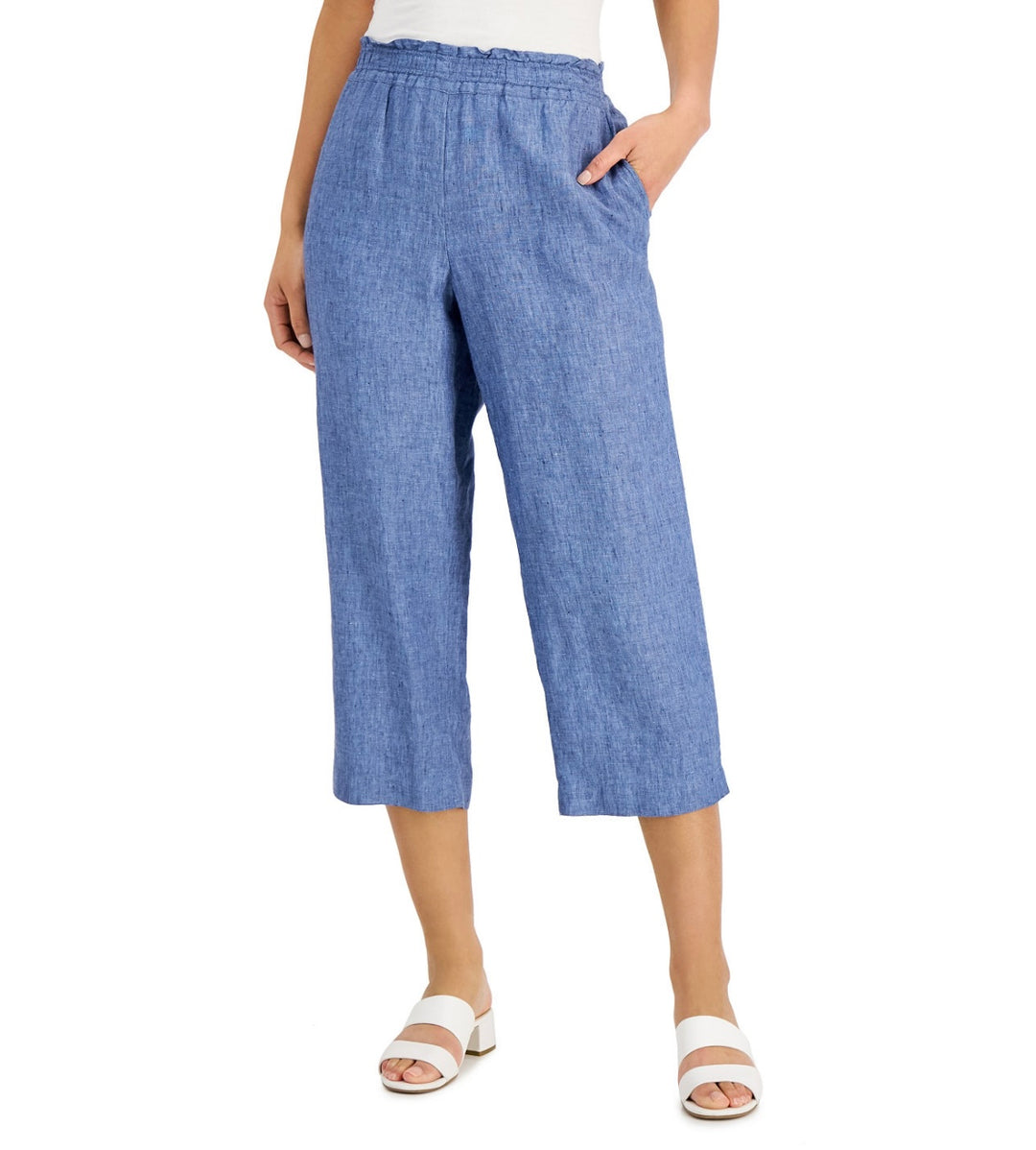 Charter Club Women's Linen Cropped Pull-On Pants Blue Ocean Size XXL