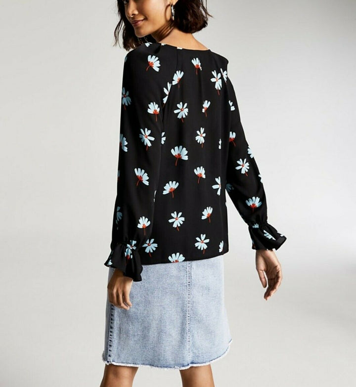 Women's Floral-Print Blouse Flounce-Sleeve Top Black V-Neck