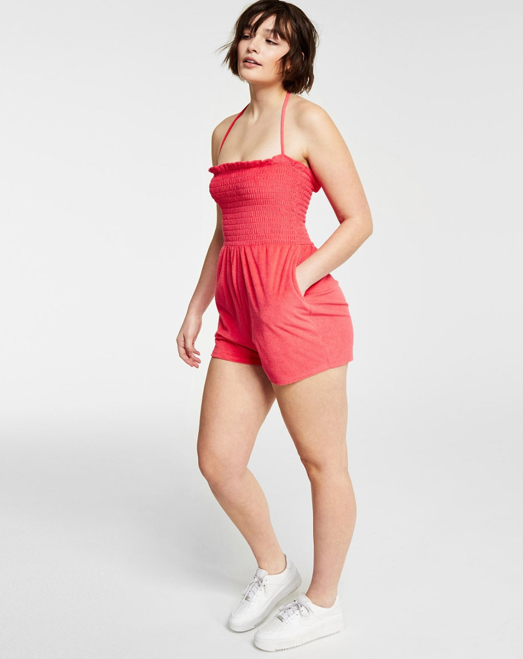 Bar III Women's Pockets Tie-Neck Terry-Cloth Romper Watermelon Punch Size XXS