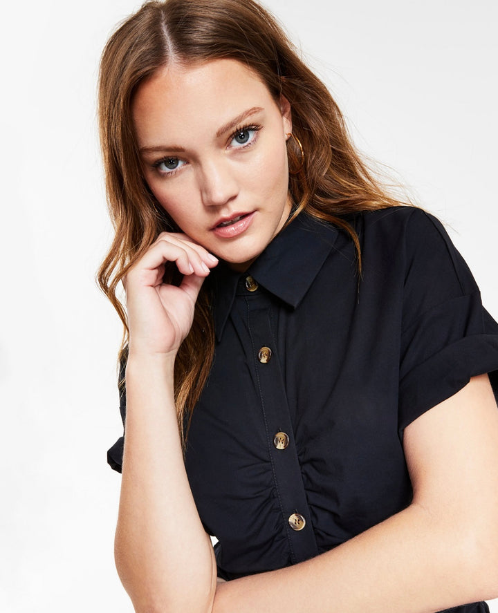 And Now This Women's Short Sleeve Point Collar Button-Front Dress Black Size S