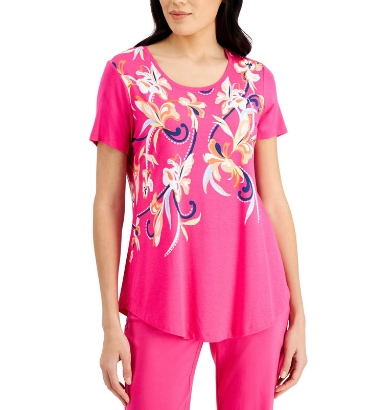 JM Collection Women's Short Sleeve Scoop Neckline Printed Tunic Fuchsia Purple