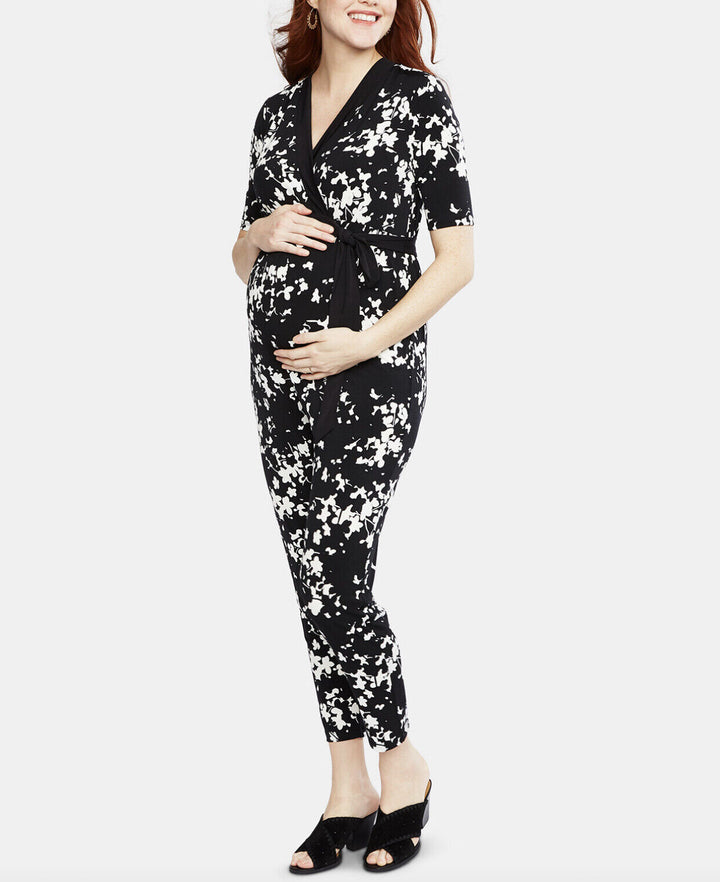 Motherhood Floral Print Wrap Maxi Maternity Jumpsuit V-Neck