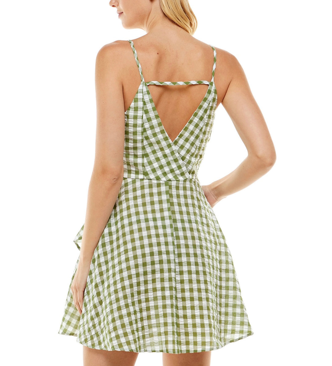 Speechless Juniors' Gingham Cotton Faux-Wrap Dress Green White Size L