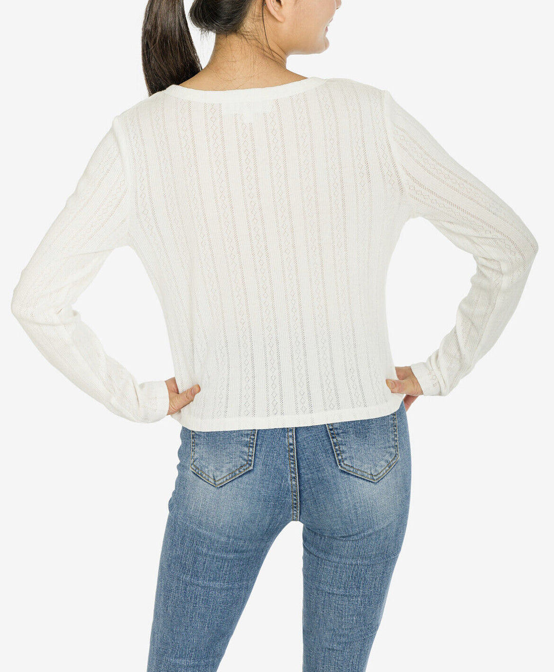 Hippie Rose Juniors' V-Neck Pointelle Long Sleeve Top