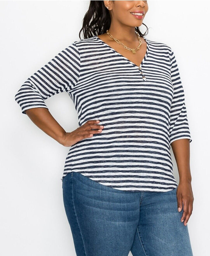 Women's Plus Size Stripe V-Neck Henley Top 3/4 Sleeve