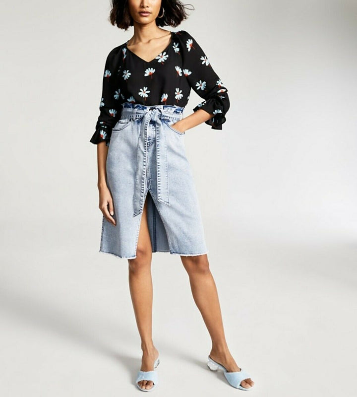 Women's Floral-Print Blouse Flounce-Sleeve Top Black V-Neck